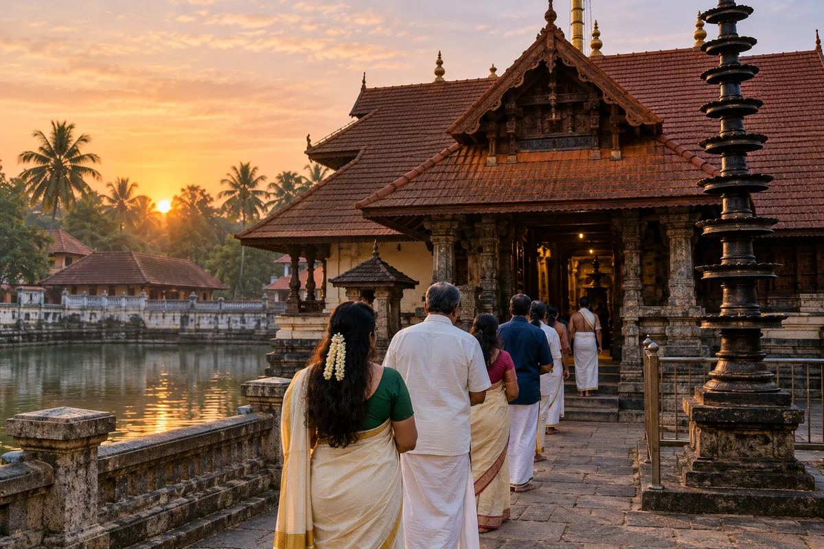 Illustrated visitors waiting outside the Padmanabhaswamy Temple entrance near sunset