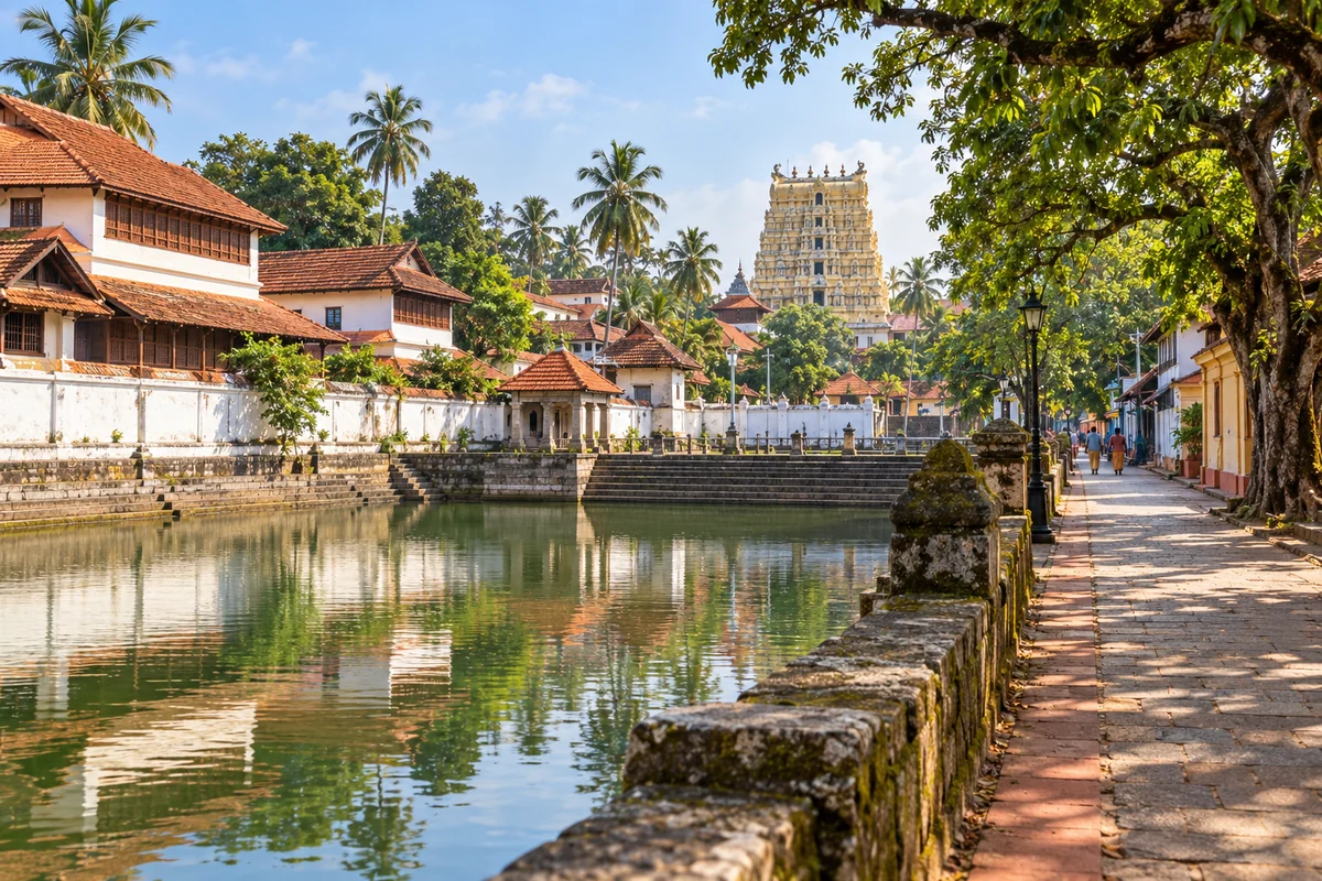 Illustrated East Fort walk beside a temple tank, heritage building and gopuram
