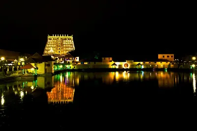 Padmanabhaswamy Temple lit by thousands of oil lamps during Lakshadeepam