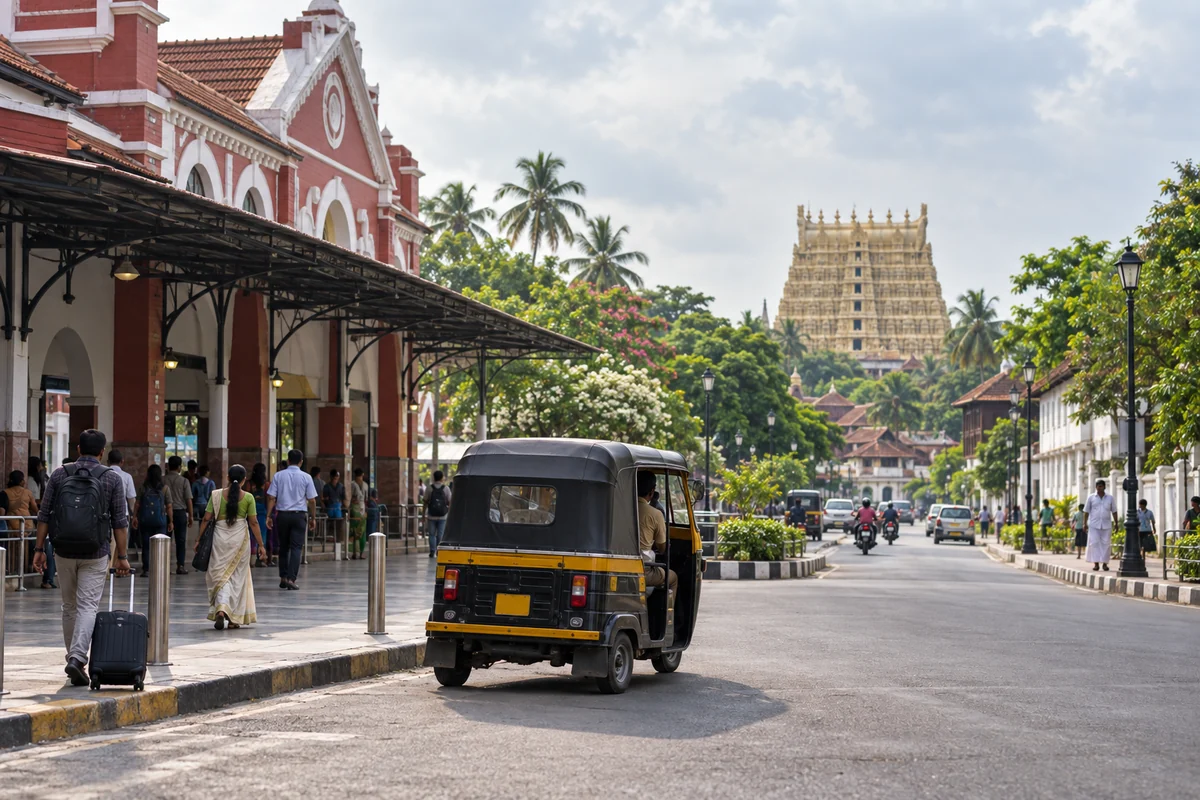 Illustrated approach to Thiruvananthapuram Central railway station with an auto-rickshaw and a temple tower in the distance