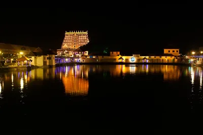 Sree Padmanabhaswamy Temple lit at night before the early morning darshan